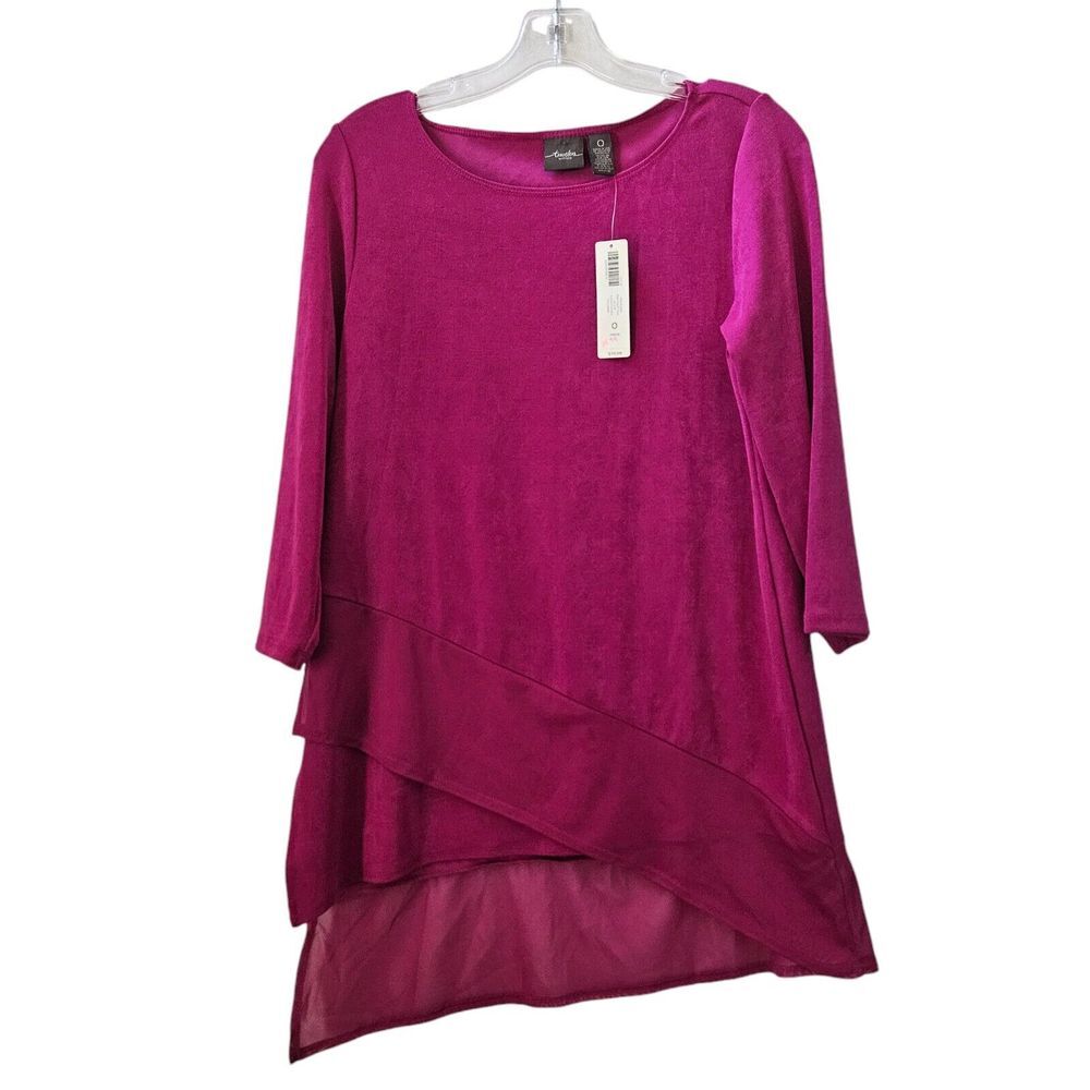 Chico's Travelers Top Fuschia Mesh Detail Tunic Asymmetrical 3/4 Sleeve sz 0 NEW